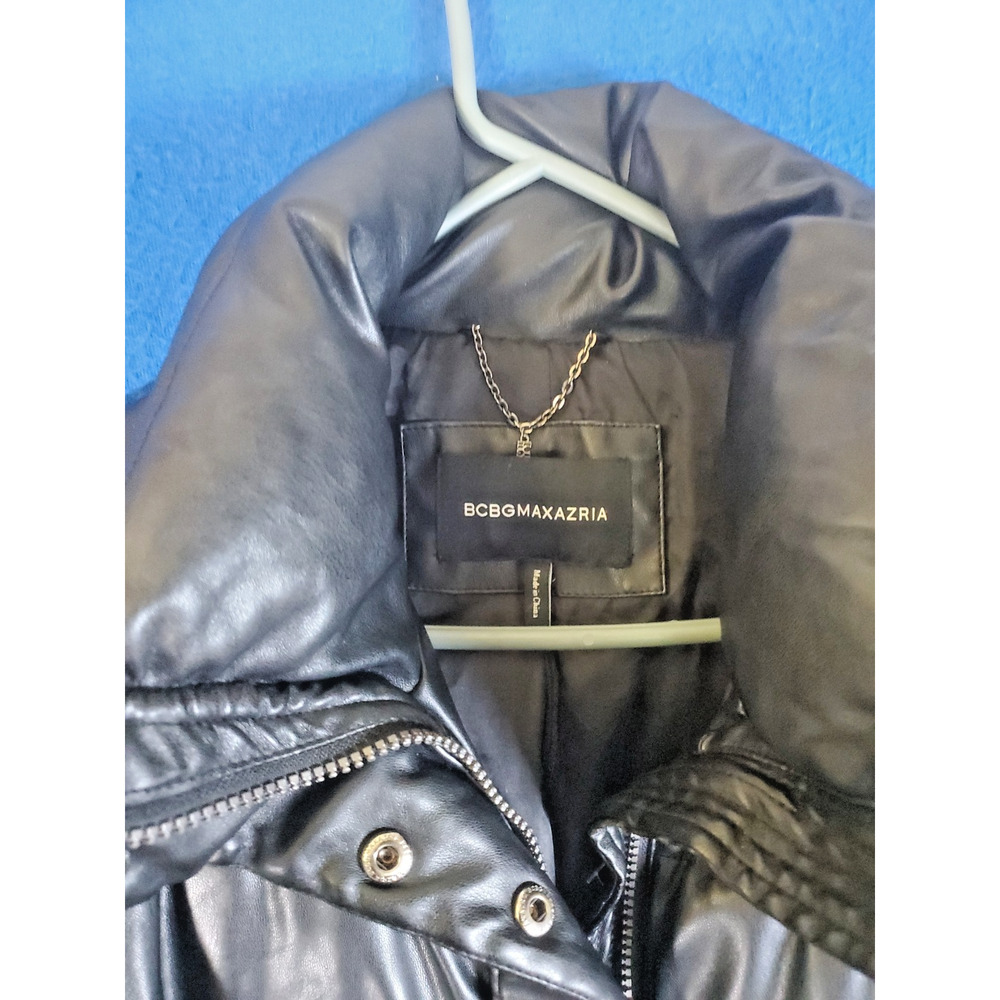 BCBGMAXAZRIA Black Faux Leather Puffer Jacket Womens Small Quilted Winter Coat - Picture 3 of 16
